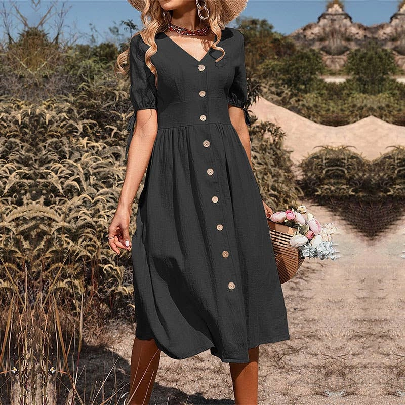 Saturated Hue BUTTON-DOWN COTTON AND LINEN V-NECK DRESS_CWDMD1653