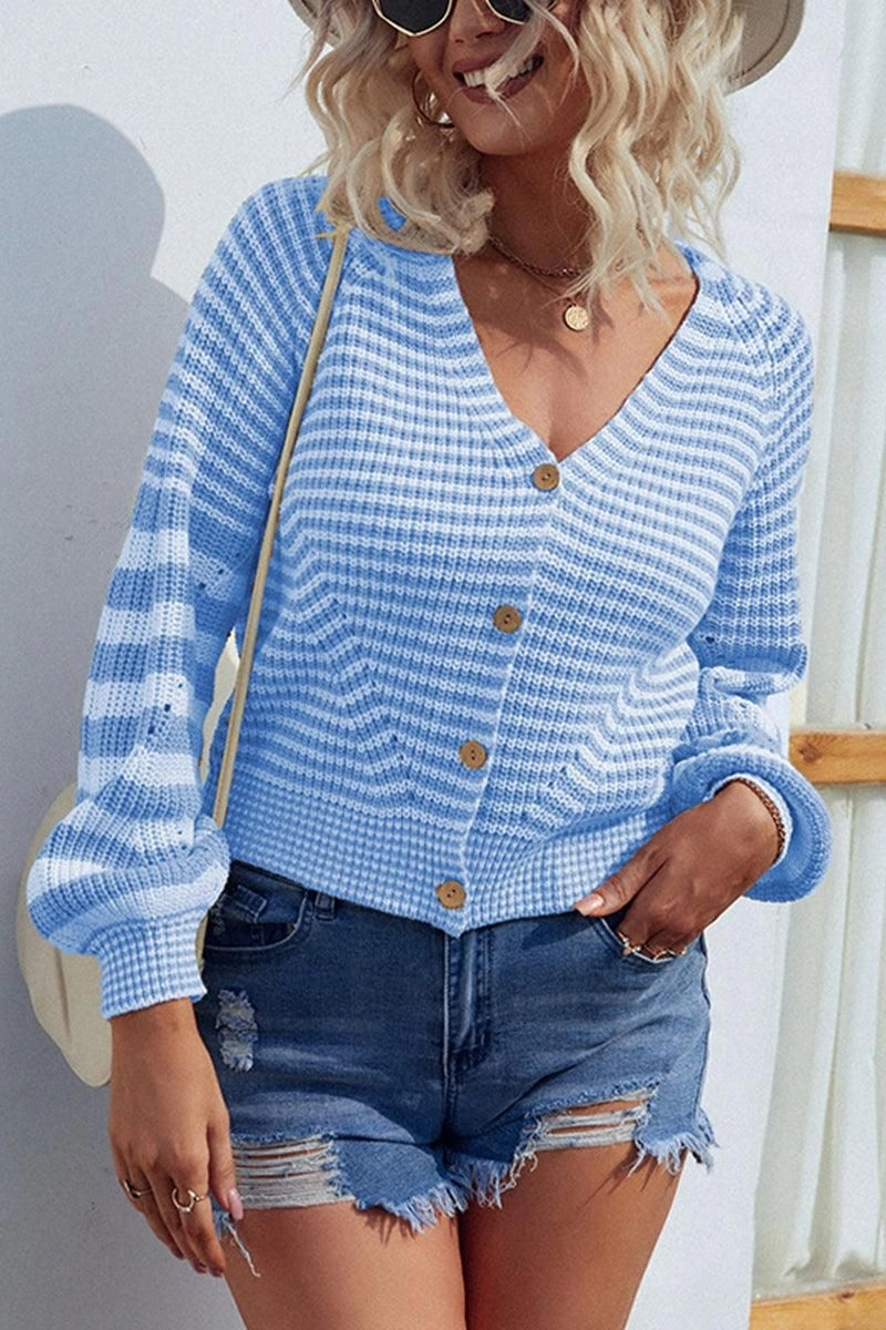 LightweightFabric BUTTON DOWN STRIPE KNITTED SHORT CARDIGAN