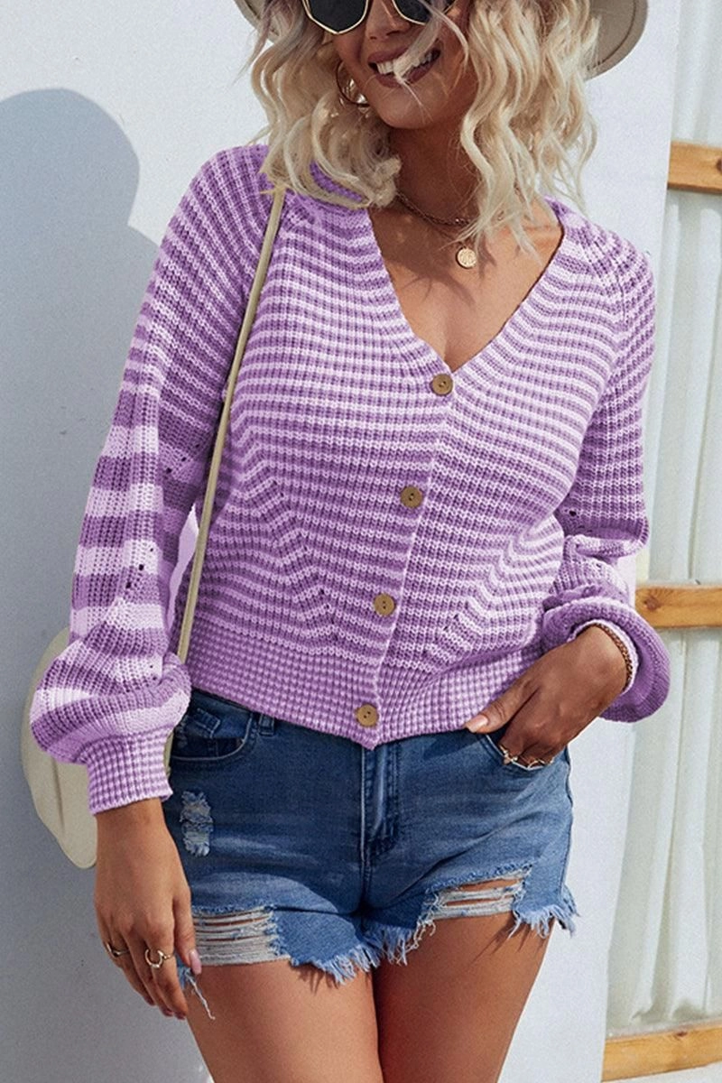 BUTTON DOWN STRIPE KNITTED SHORT CARDIGAN Durable Color Retention