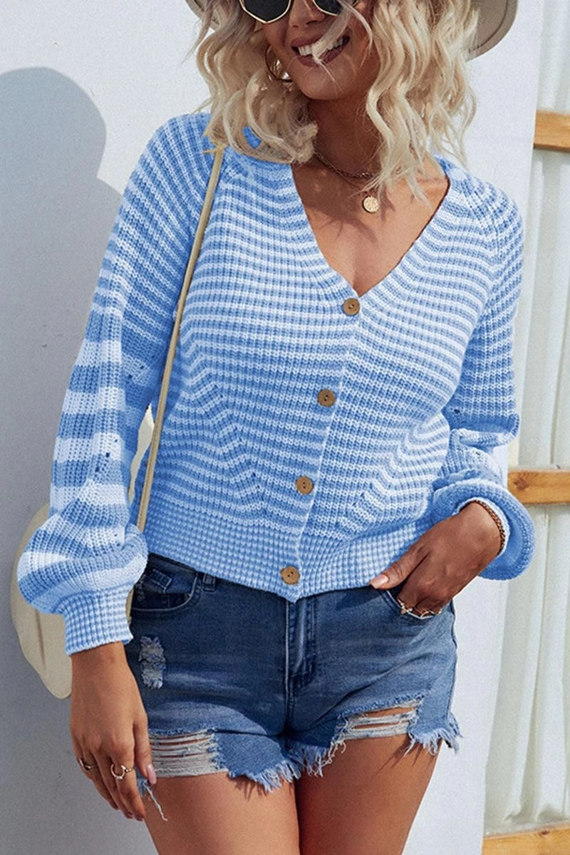 BUTTON DOWN STRIPE KNITTED SHORT CARDIGAN Tactile Soft Texture