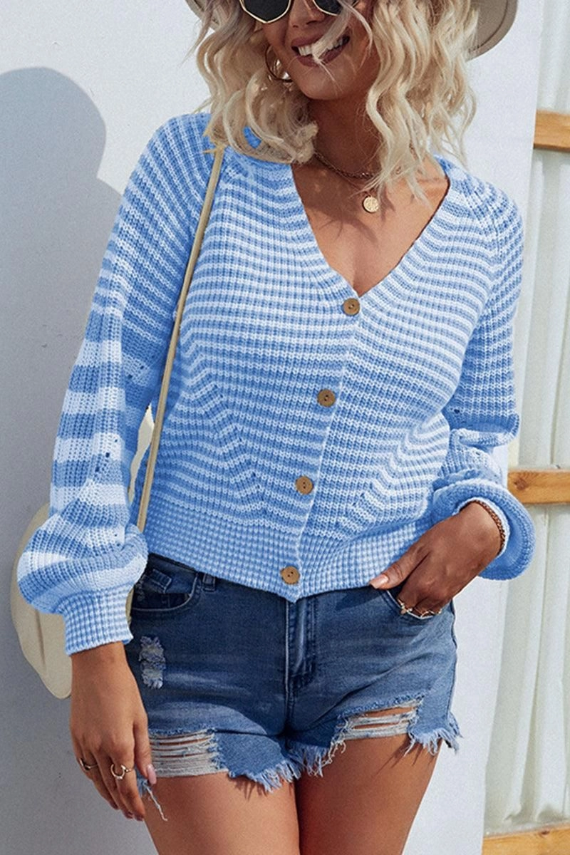 BUTTON DOWN STRIPE KNITTED SHORT CARDIGAN Fitted Blouse Hidden Storage Pocket