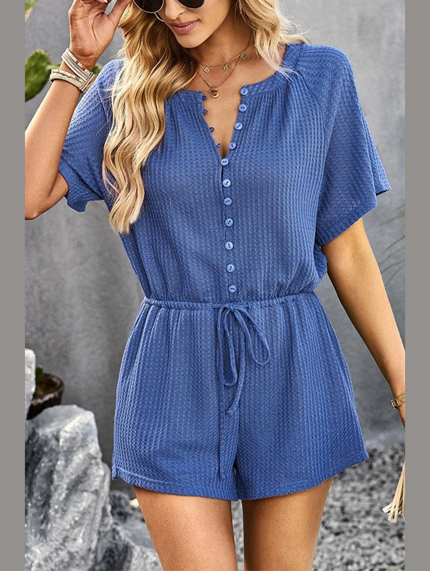 BUTTON UP TIED WAIST ROMPER Versatile Festival