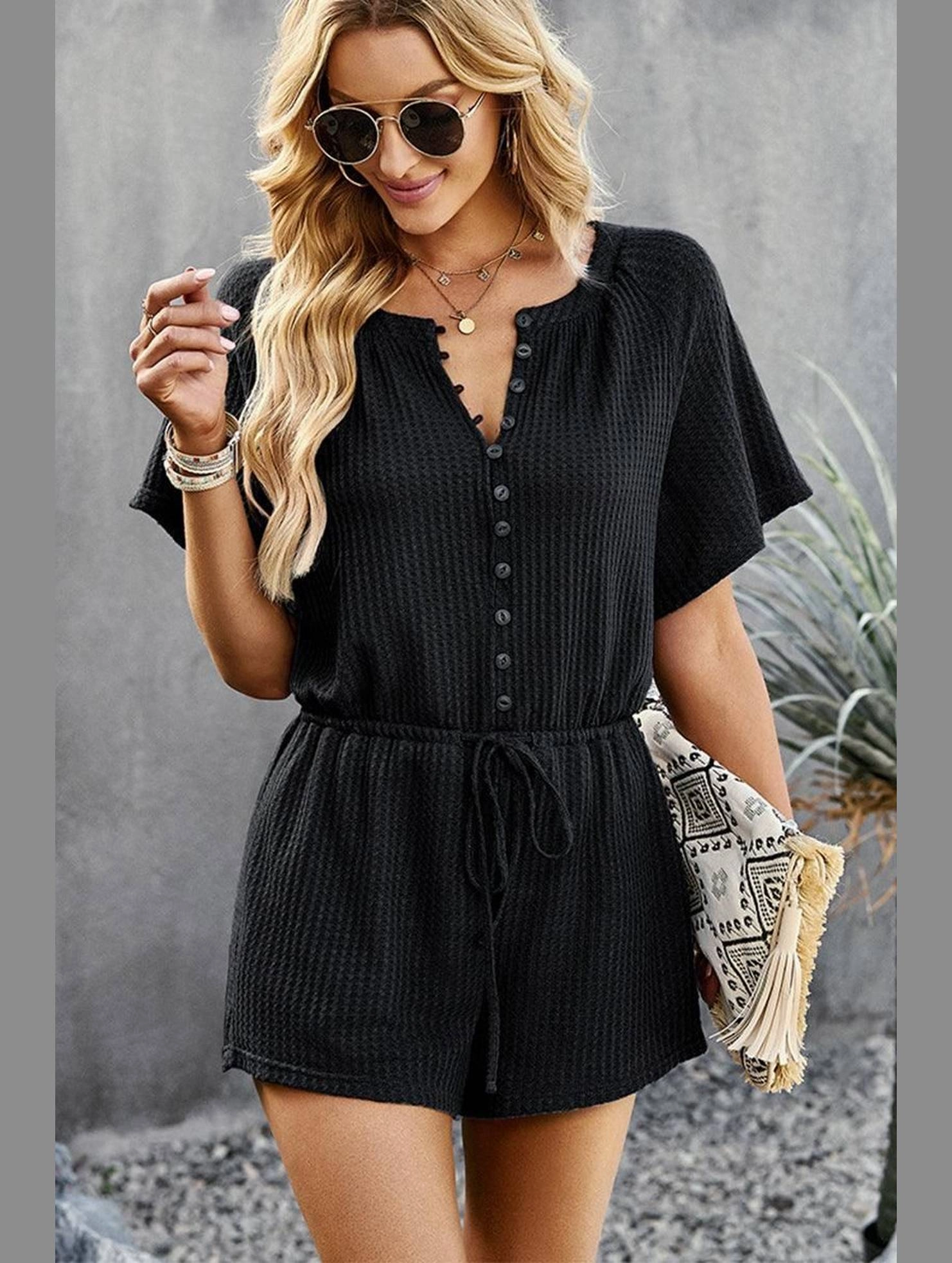 BUTTON UP TIED WAIST ROMPER Tagless Design Stretchable Neckline