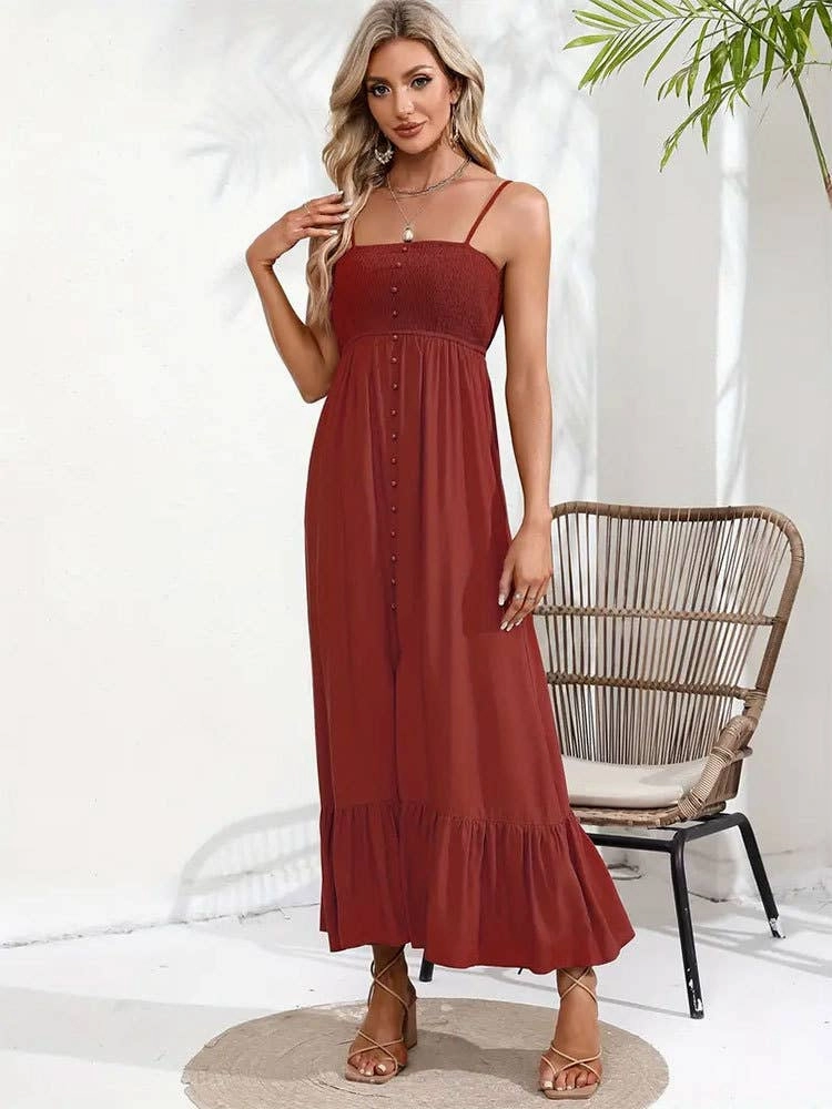 SeamlessConstruction Cool Touch BUTTONS ADORN A SLIT HALTER DRESS_CWDMD1719