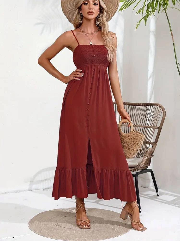Trendy Comfort Natural Fit BUTTONS ADORN A SLIT HALTER DRESS_CWDMD1719