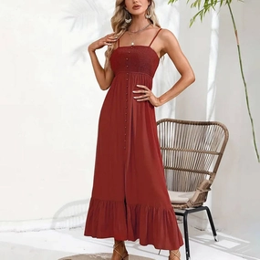 Bright Bloom Lace Detail BUTTONS ADORN A SLIT HALTER DRESS_CWDMD1719