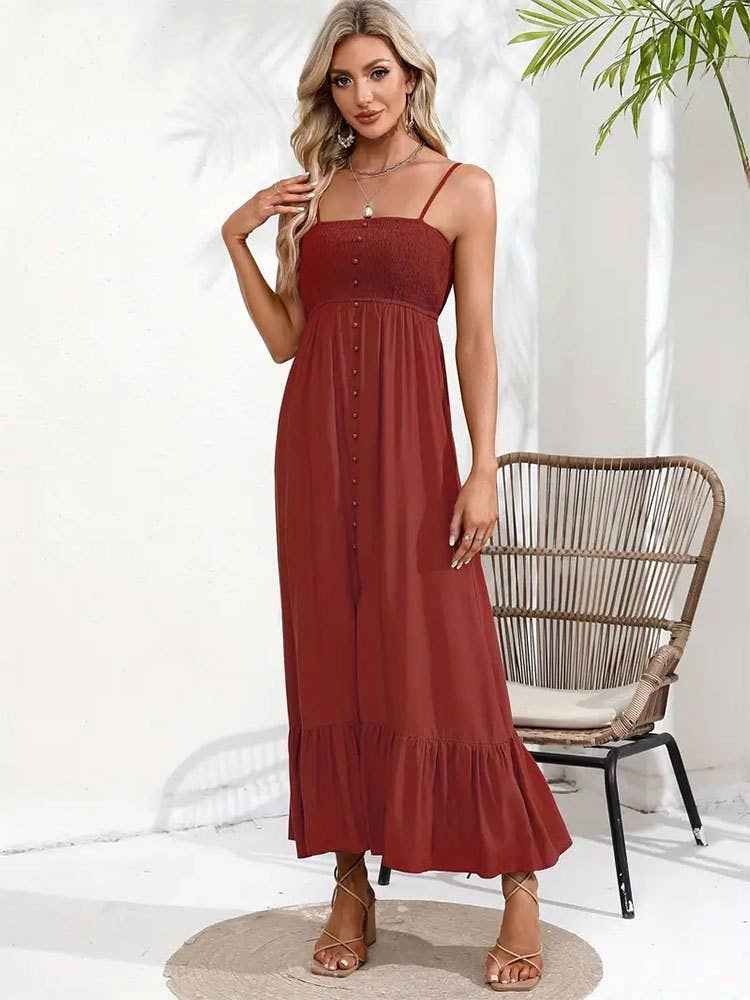 Perfect Proportion Layered Design BUTTONS ADORN A SLIT HALTER DRESS_CWDMD1719