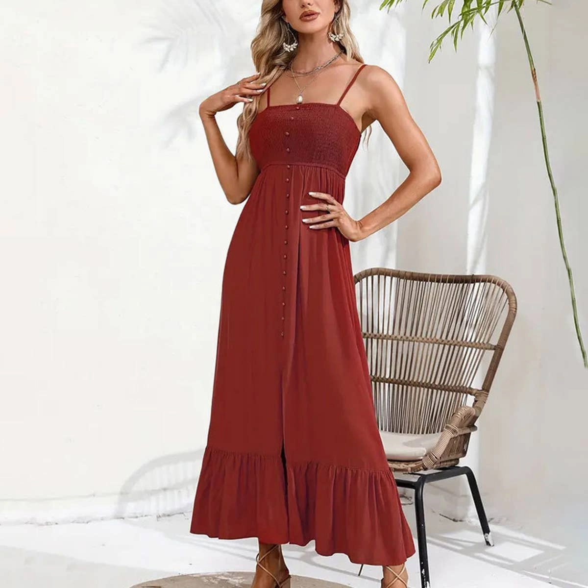 Timeless Comfort Wear Functional Style BUTTONS ADORN A SLIT HALTER DRESS_CWDMD1719