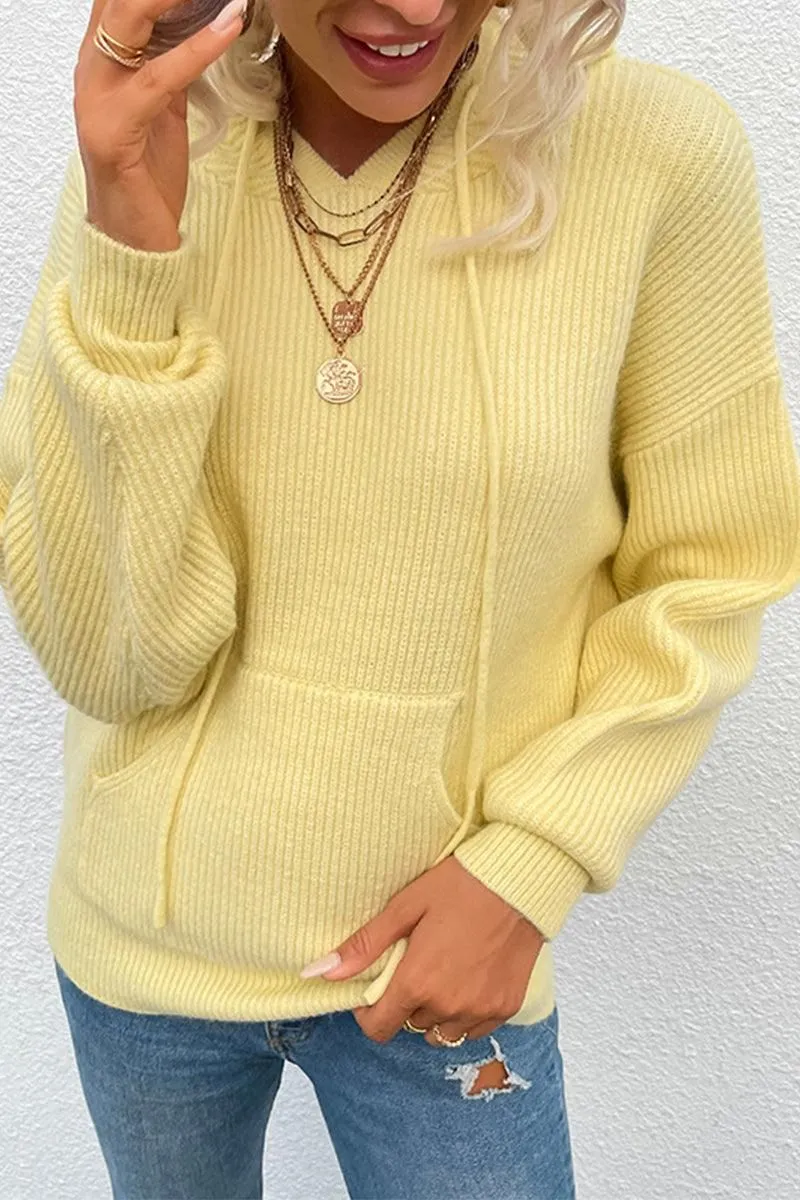 CABLE KNIT HOODED KNIT SWEATER TOP Flexible Cuffs Raw Edge Detail