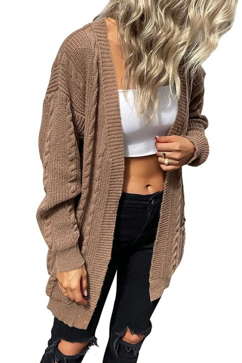 Moisture wicking CABLE KNIT OPEN FRONT MIDI LENGH CARDIGAN