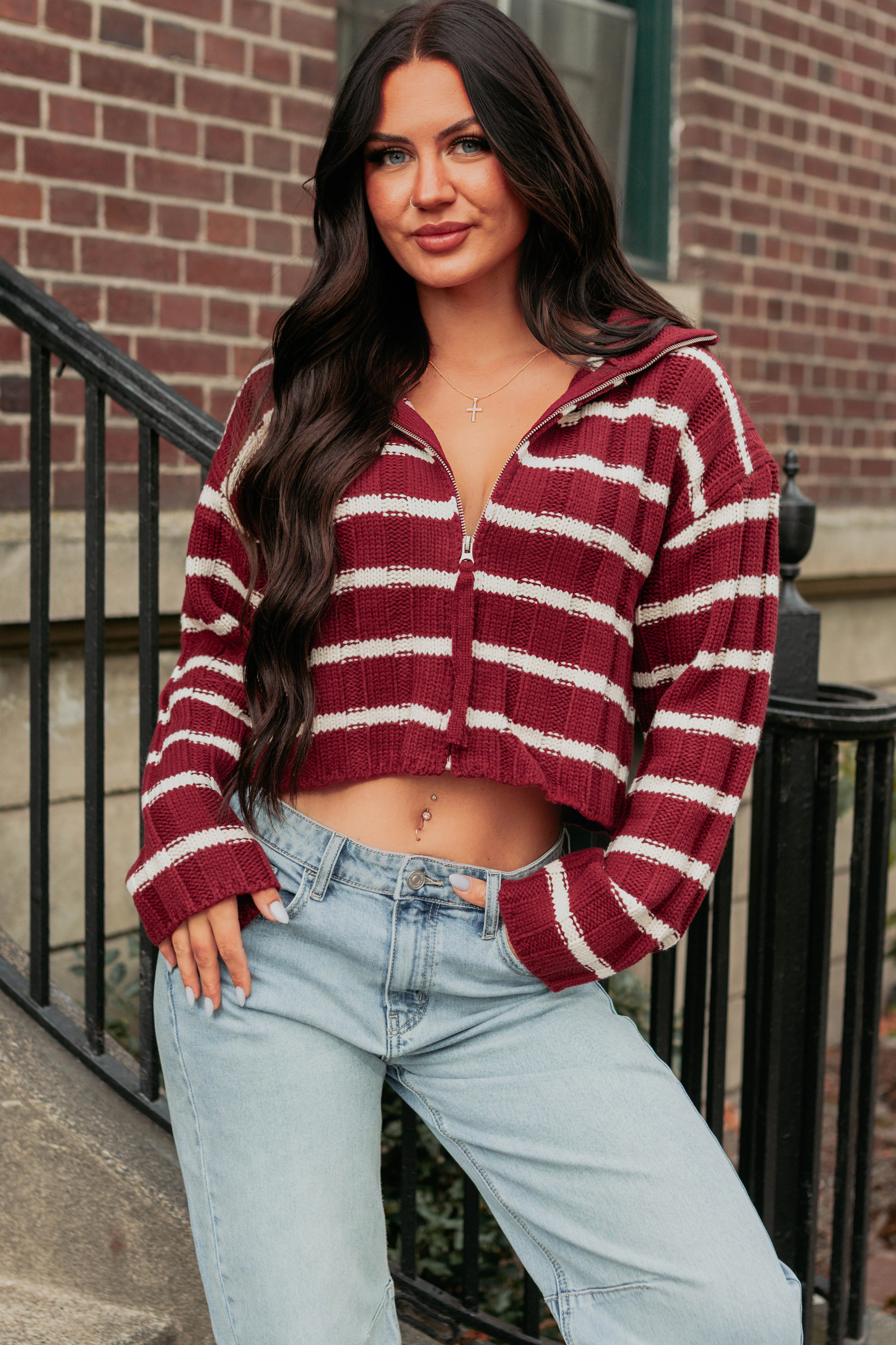 TexturedSurface QuickDry Calm Assurance Striped Zip-Up Sweater Jacket (Wine)