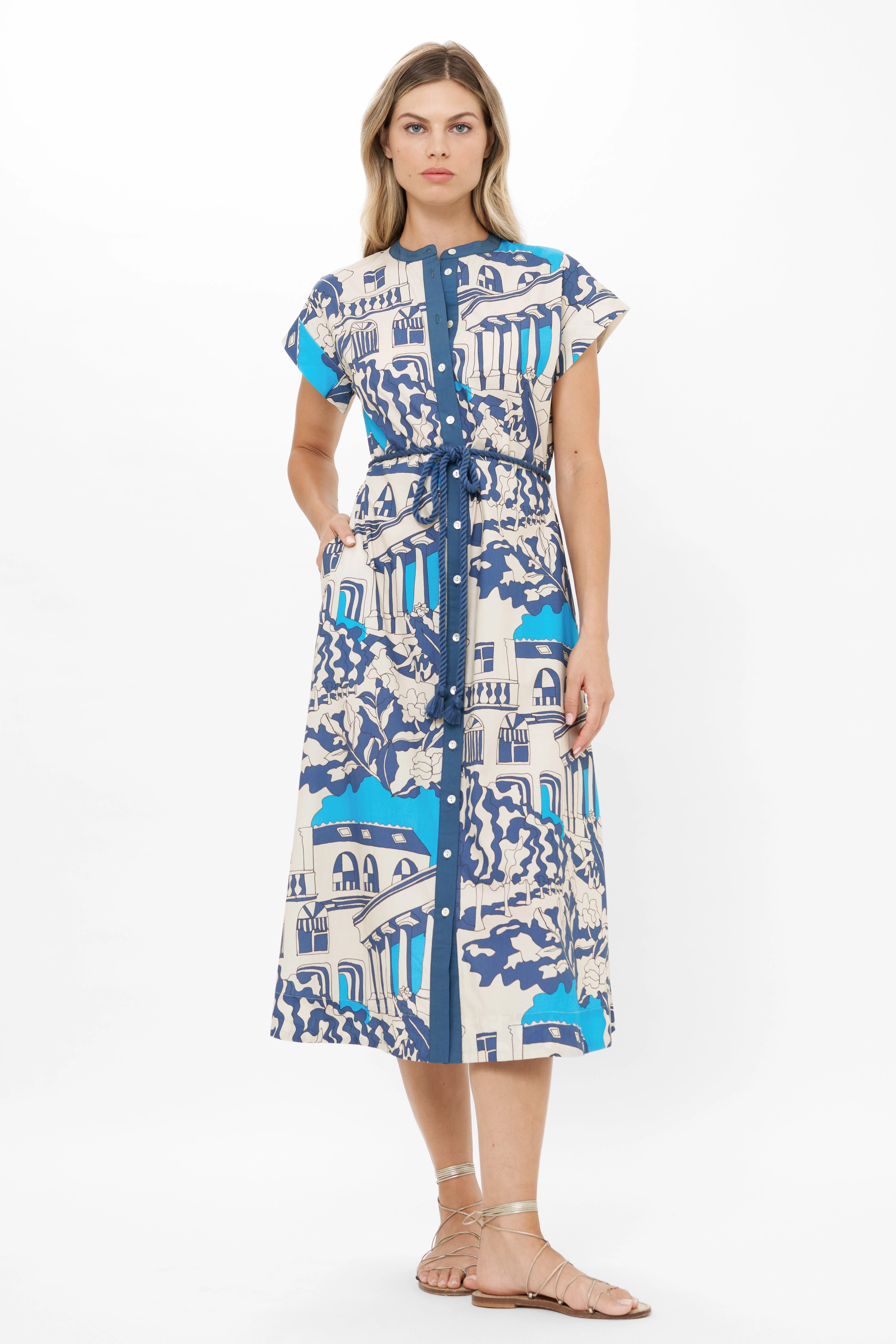 Cap Sleeve Shirt Dress Midi Roma Blue Asymmetrical hem Skin Hug