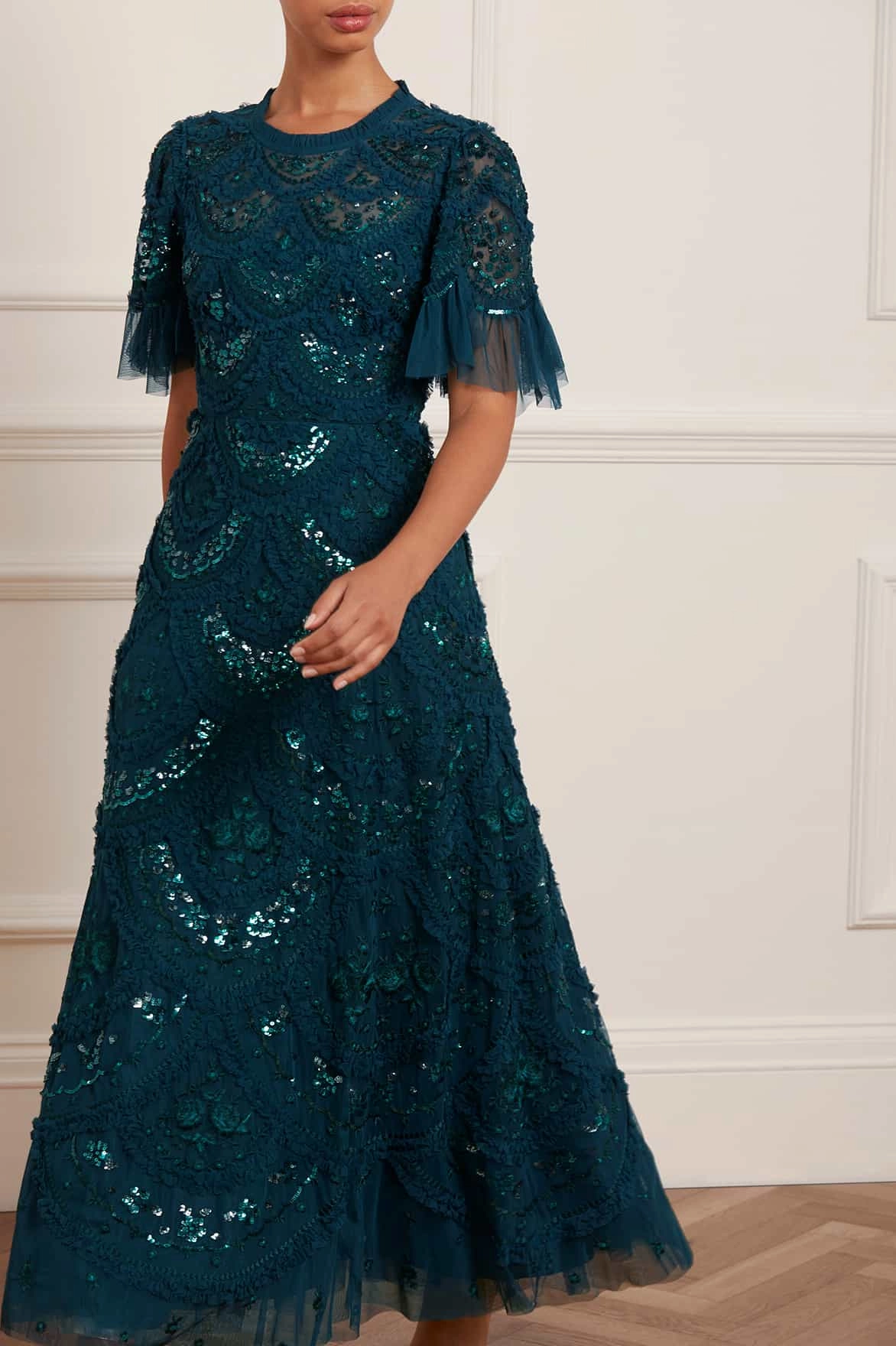 Carmen Ruffle Ankle Gown Wide Hemline Fluid Shape