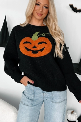 Stretch Fit Tear Resistant Fiber Blend Carving Smiles Knit Halloween Sweater (Black)