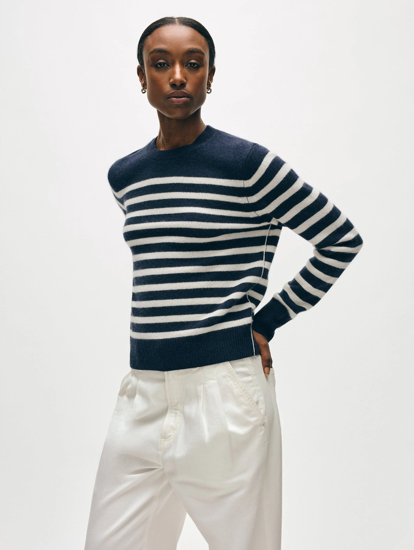 Casual Long Sleeve Flatlock Seam CASHMERE STRIPED CREWNECK