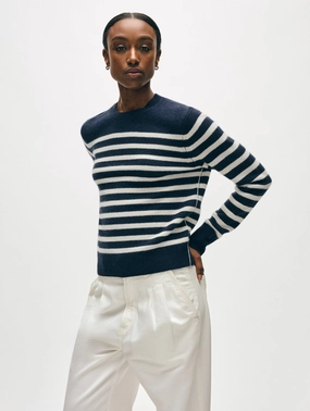 Casual Long Sleeve Flatlock Seam CASHMERE STRIPED CREWNECK