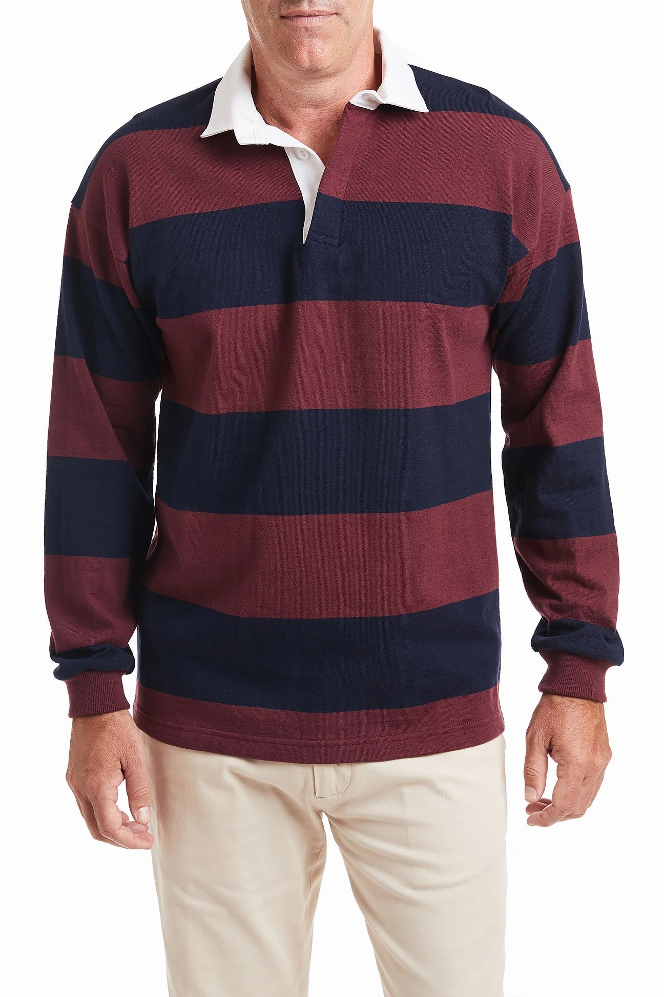 Castaway Rugby Shirt Navy & Burgundy Stripe LowMaintenance Fabric