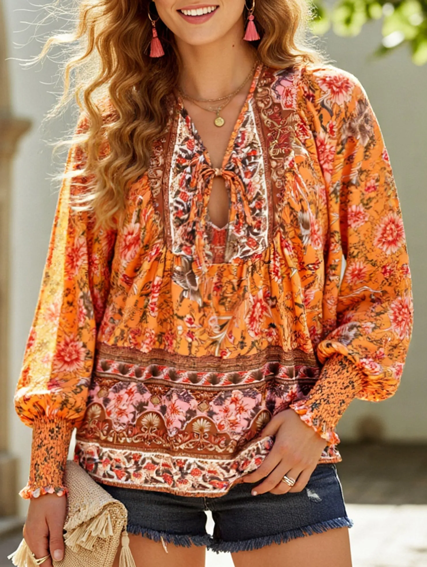Casual holiday print long-sleeved T-shirt ConvertibleCollar