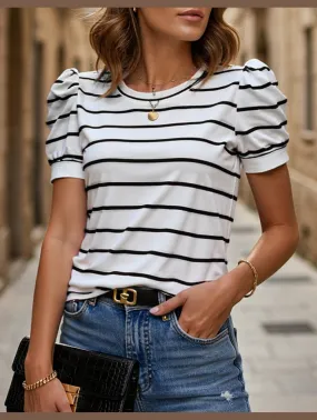 CASUAL LAMB LEG SLEEVE STRIPED CREWNECK T-SHIRT Bohemian style FourWay Stretch