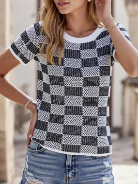 Button Down Collar CASUAL PLAID CREW NECK KNIT SHORT SLEEVED SHIRT_CWTBLS0424