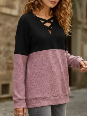 Bold Design Knit Fabric Technology CASUAL V-NECK CROSS-CONTRAST SHIRT TOP