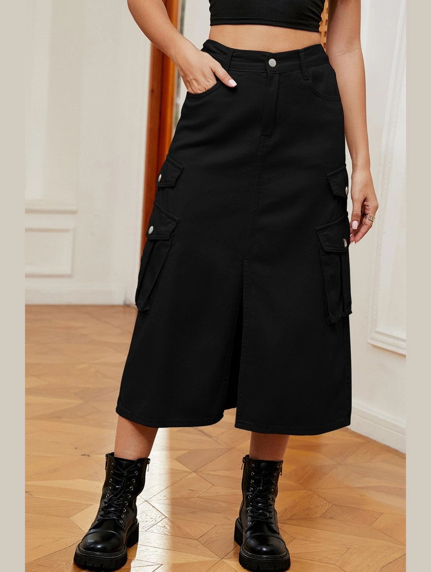 WOMEN FRONT SPLIT LONG LENGTH DENIM SKIRT Flex Wear Cozy Movement