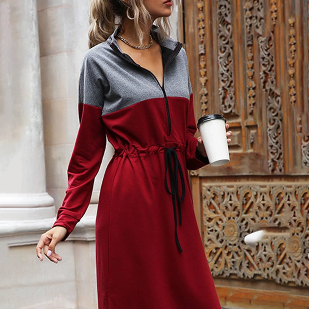 CASUAL COLOR CONTRAST SPLIT HOODIE DRESS_CWDSD4338 Flowy Layers