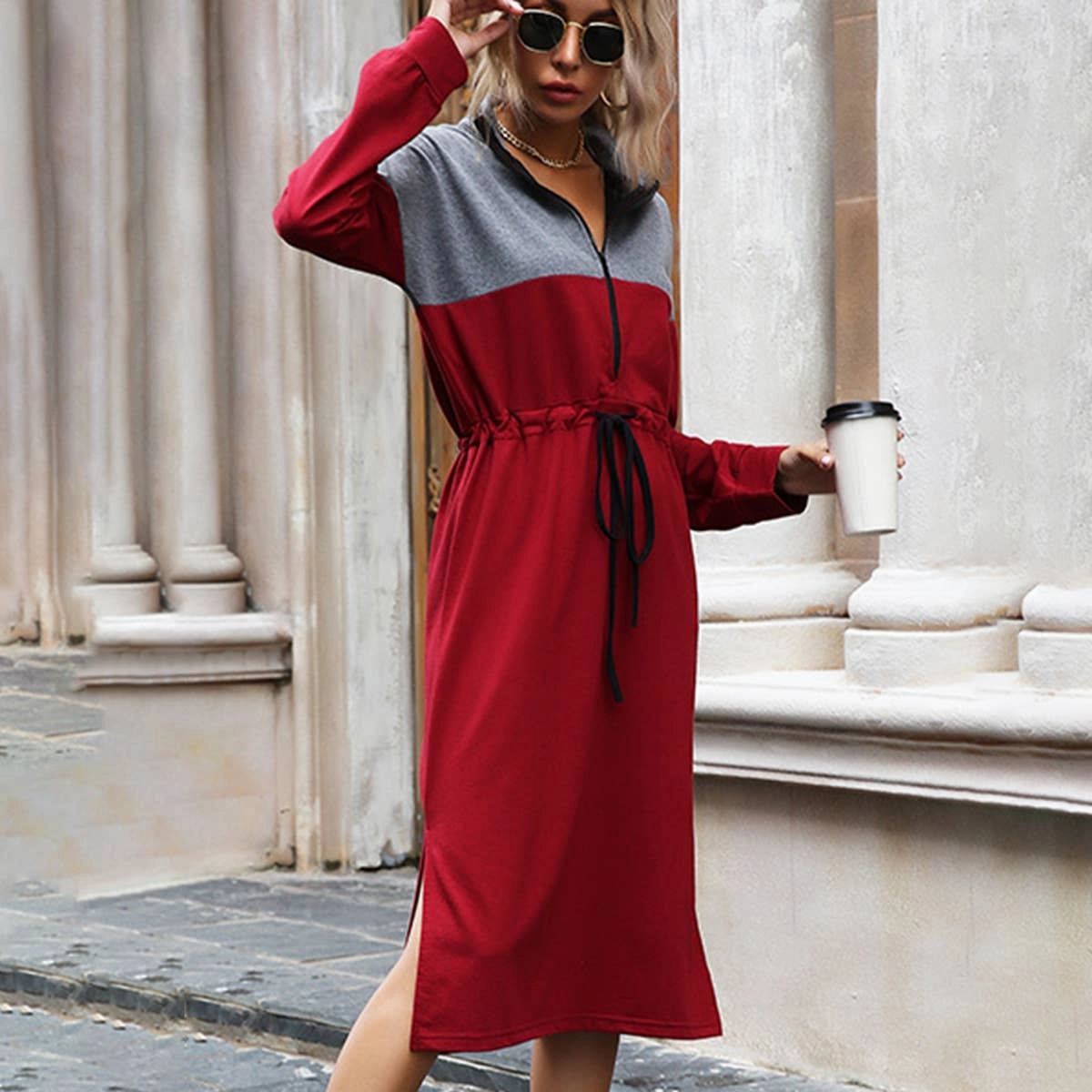 CASUAL COLOR CONTRAST SPLIT HOODIE DRESS_CWDSD4338 Travel Style Date night