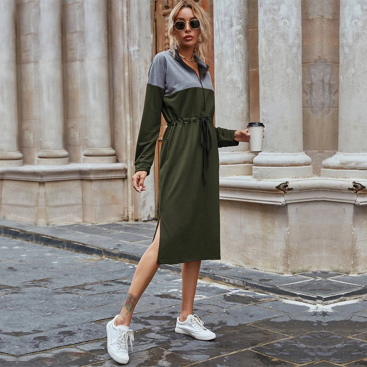 Pleat-Front CASUAL COLOR CONTRAST SPLIT HOODIE DRESS_CWDSD4338