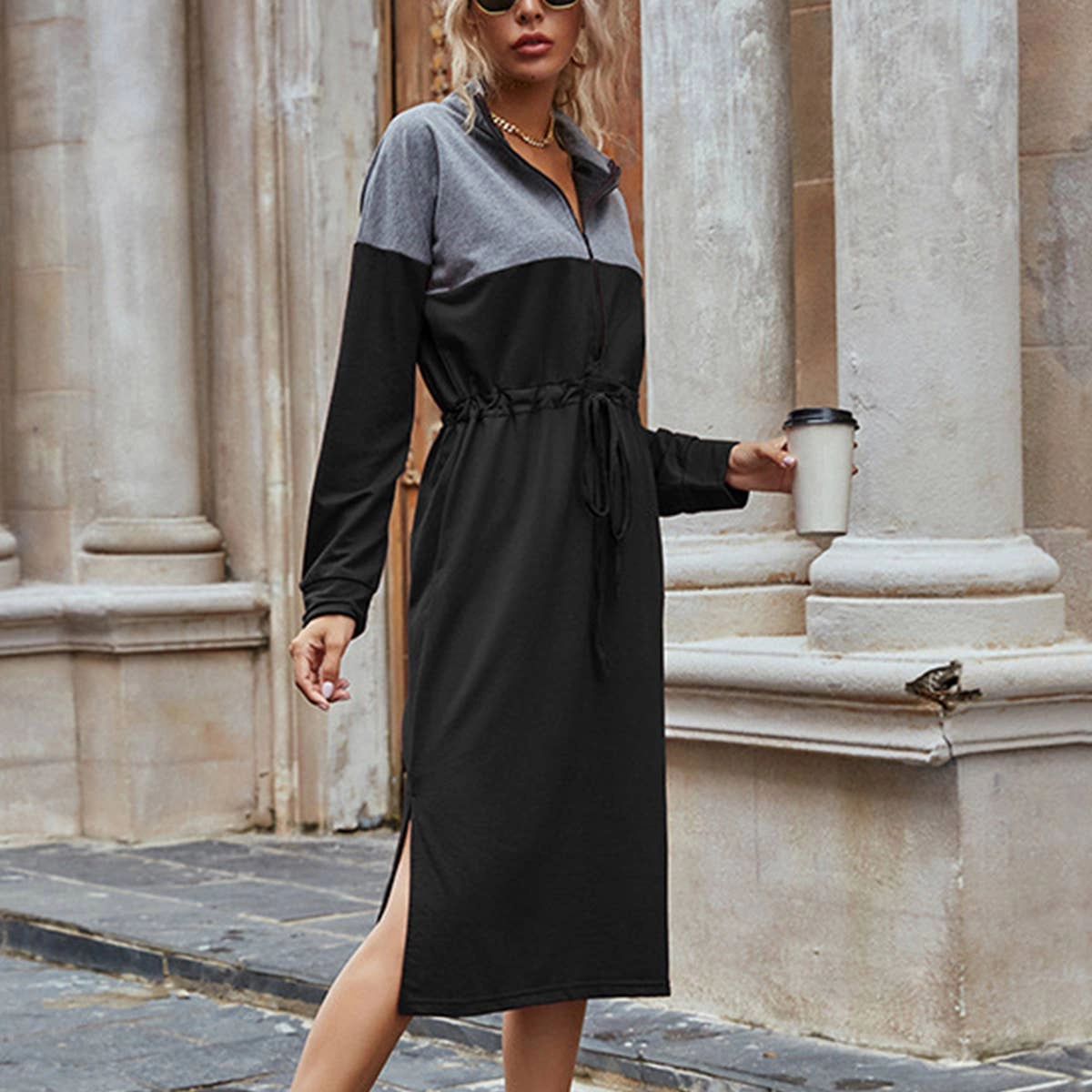 CASUAL COLOR CONTRAST SPLIT HOODIE DRESS_CWDSD4338 Silky Drape