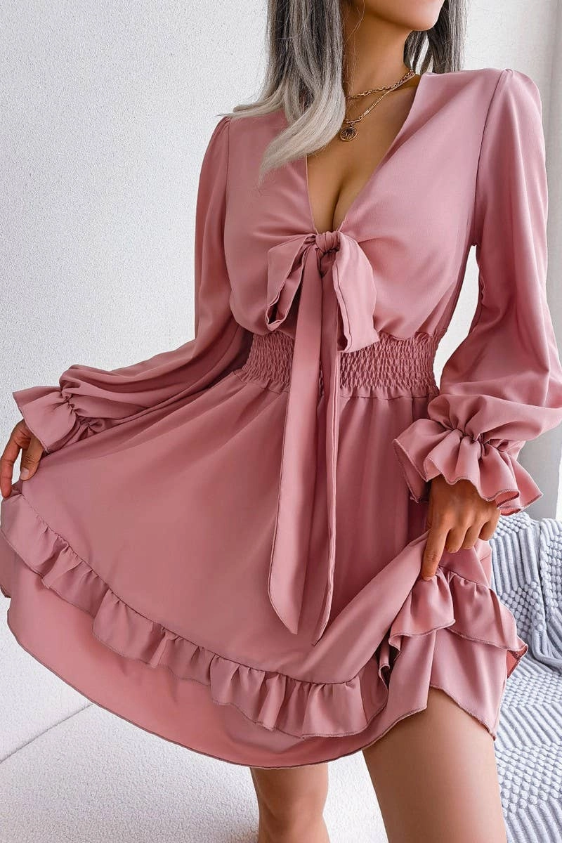 CASUAL DEEP V TIE UP WOODEN EAR SIDE SWING DRESS_CWDSD3014 Modern Cut