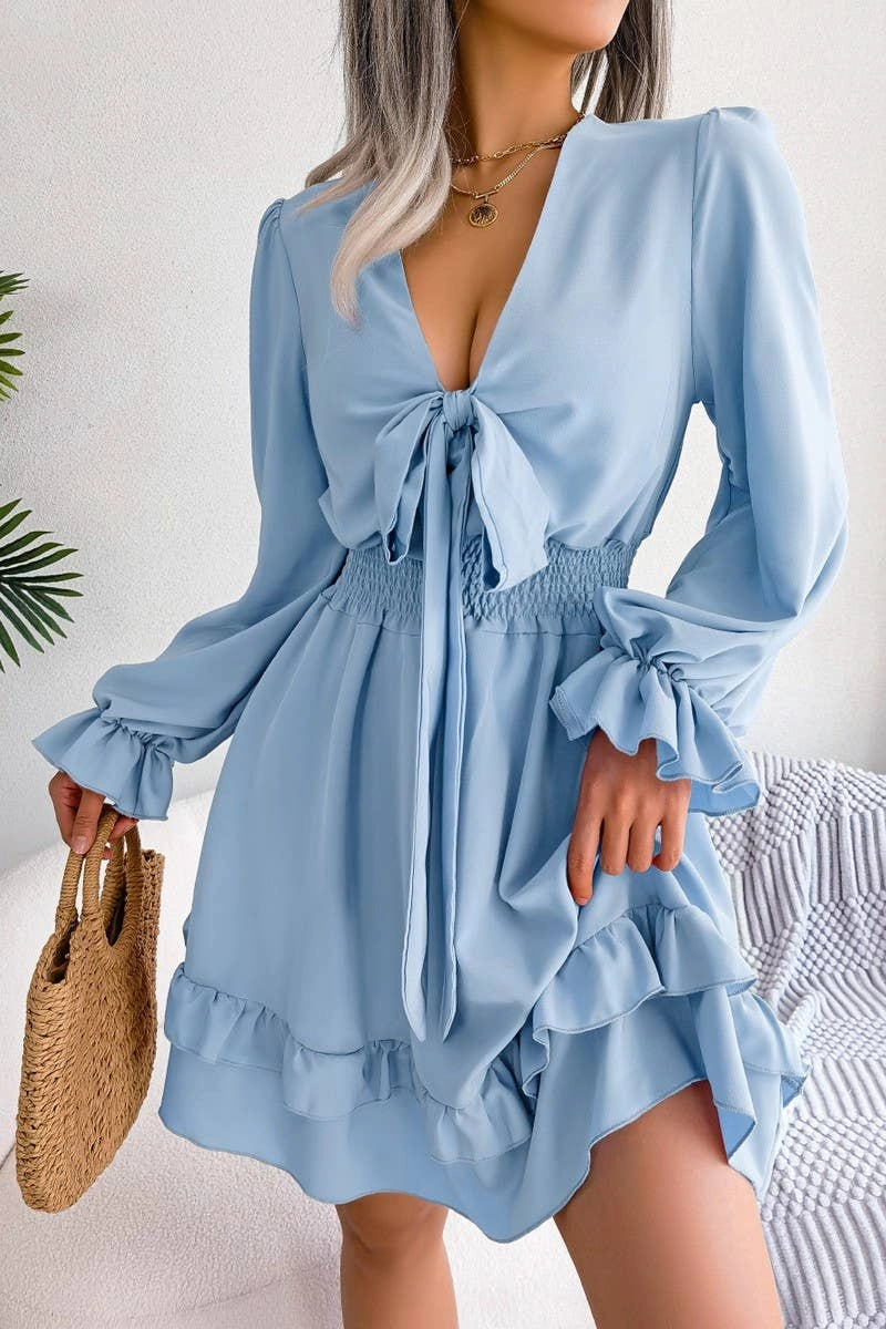 Wrap style Farm Air CASUAL DEEP V TIE UP WOODEN EAR SIDE SWING DRESS_CWDSD3014
