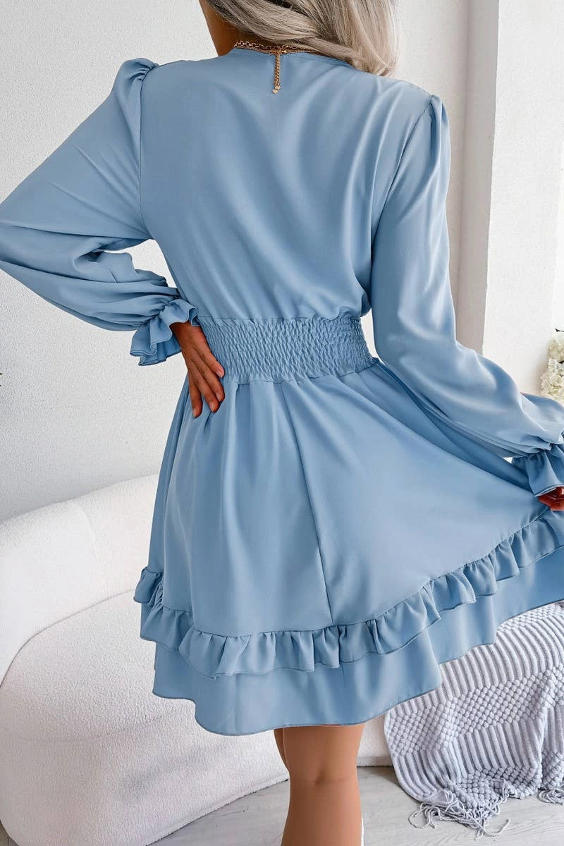 CASUAL DEEP V TIE UP WOODEN EAR SIDE SWING DRESS_CWDSD3014 Sharp Style