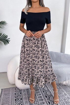 Neutral Base CASUAL FLORAL FLOUNCES MID LENGTH DRESS_CWDSD2506