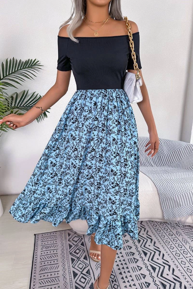 Piped-Edge CASUAL FLORAL FLOUNCES MID LENGTH DRESS_CWDSD2506