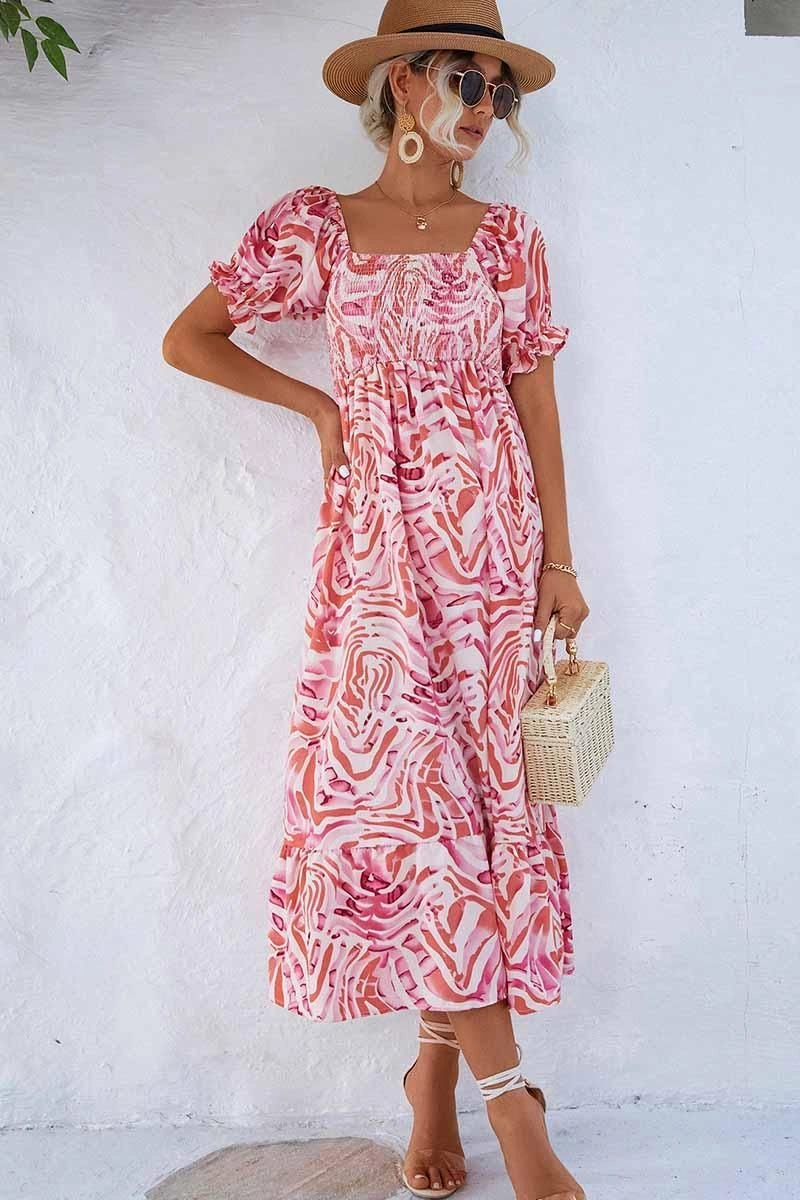Youth Charm Cruise-Wear MABLE PATTERN OFF SHOULDER FLARE MAXI DRESS