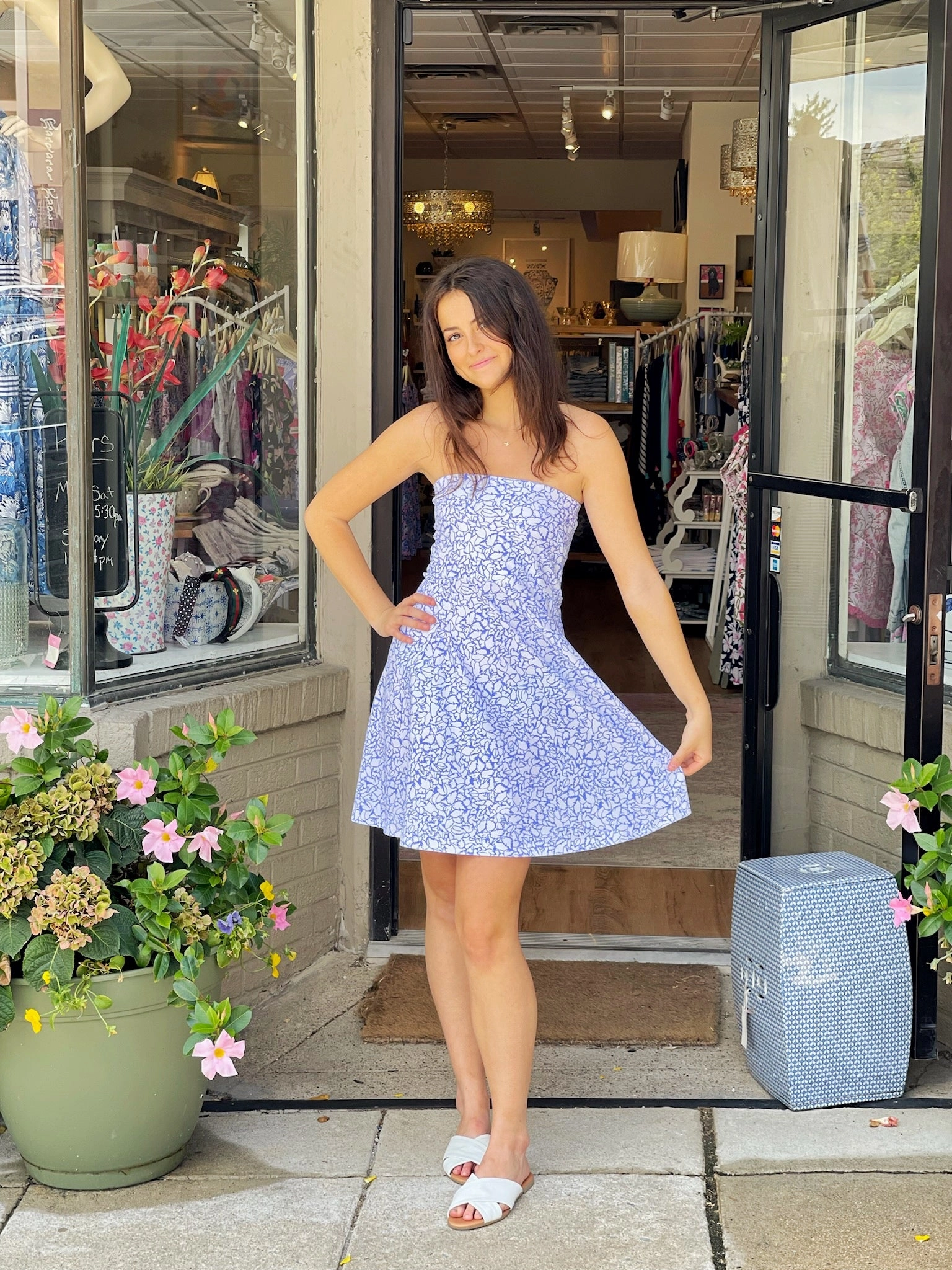 Linen Soft Avalon Dress Variegated Leaves Perwinkle/White