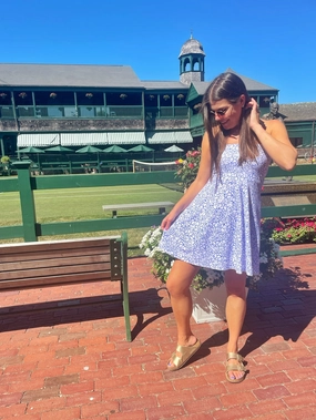 Avalon Dress Variegated Leaves Perwinkle/White Party Perfect relaxed elegance