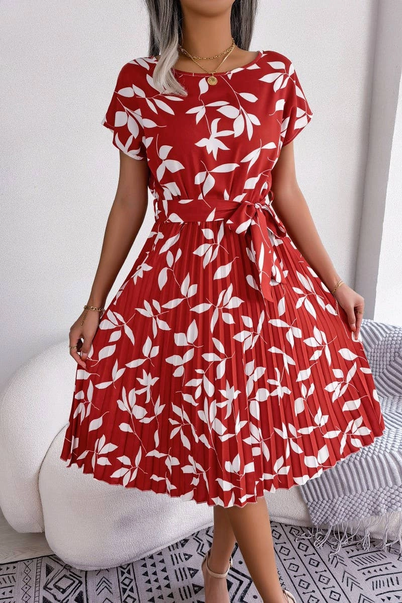 Natural Tones CASUAL LEAF SHORT SLEEVE BIG SWING PLEATED DRESS_CWDSD2526