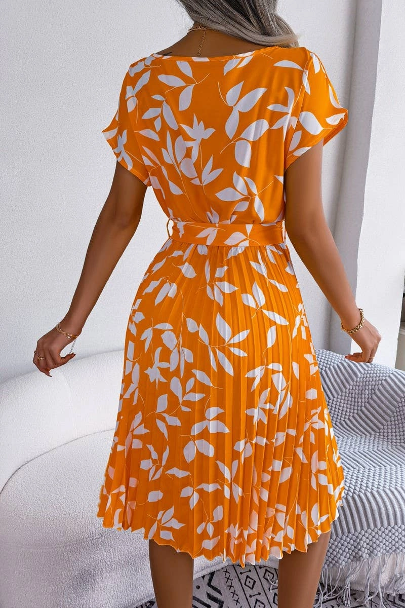 Sophisticated Layers CASUAL LEAF SHORT SLEEVE BIG SWING PLEATED DRESS_CWDSD2526