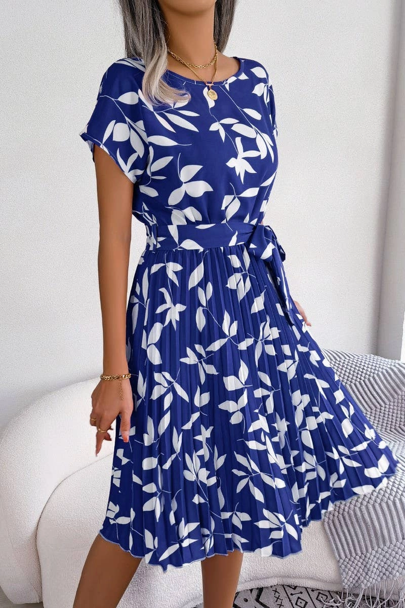 CASUAL LEAF SHORT SLEEVE BIG SWING PLEATED DRESS_CWDSD2526 Floral design