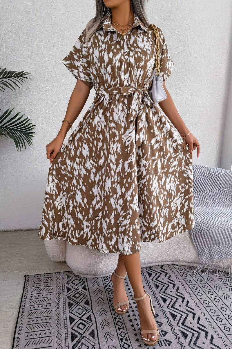 CASUAL LOOSE LEOPARD PRINT LACE UP SHIRT DRESS_CWDSD2530 Soft Texture Easy Style