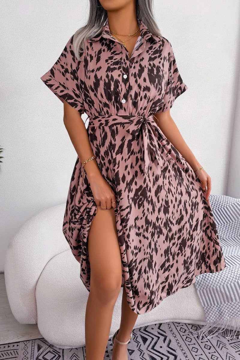 CASUAL LOOSE LEOPARD PRINT LACE UP SHIRT DRESS_CWDSD2530 Floral Pattern City Layering
