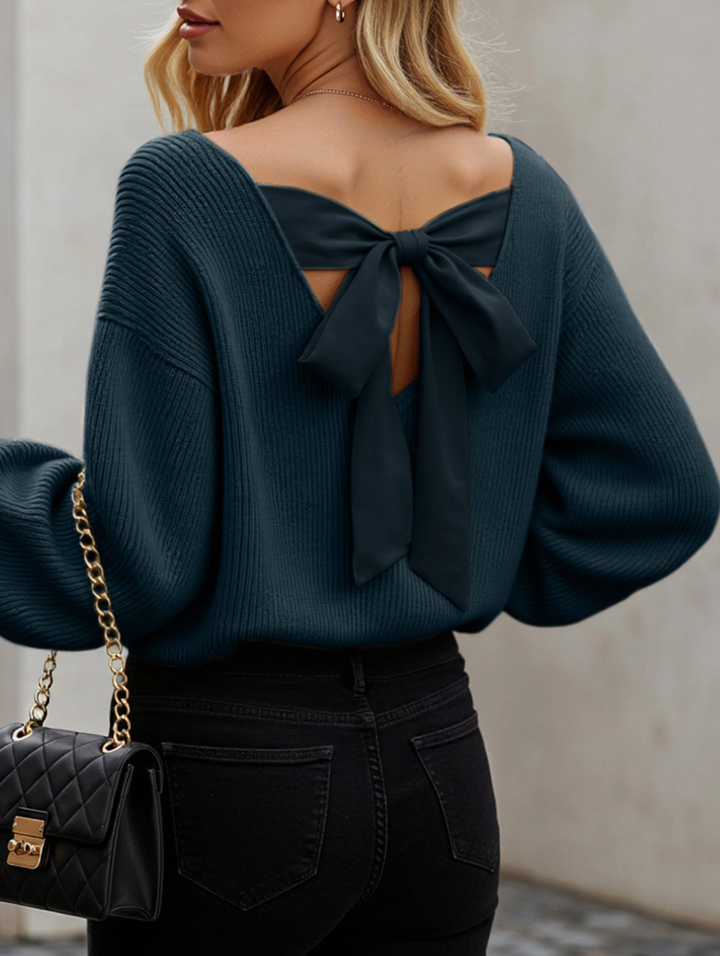 RibbedNeckline Casual loose v-neck solid color sweater