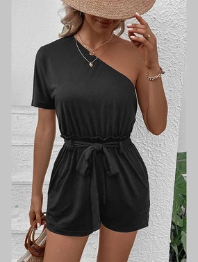 CASUAL ONE SHOULDER SOLID COLOR JUMPSUIT_CWSJS0449 Ribbed Hem