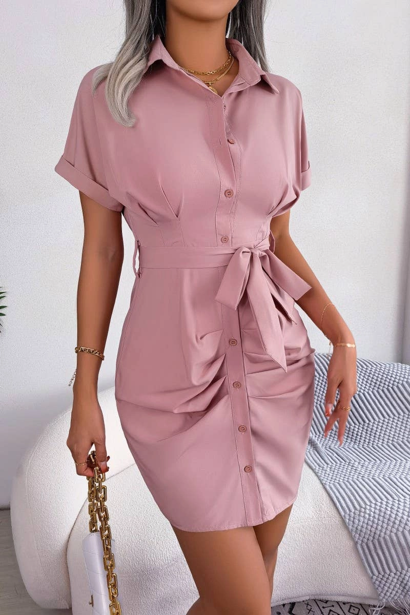 CASUAL SOLID COLOR BAT SLEEVE WAIST SHIRT DRESS_CWDSD2522 Soft Colorway