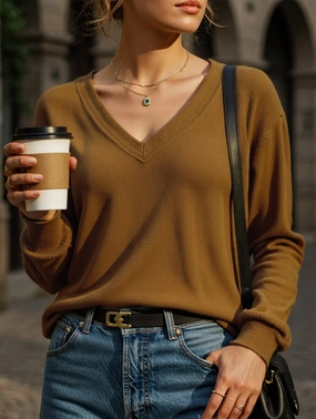 Low Profile Waistband Integration Casual Waffle V-Neck Solid Color Long-Sleeve T-Shirt