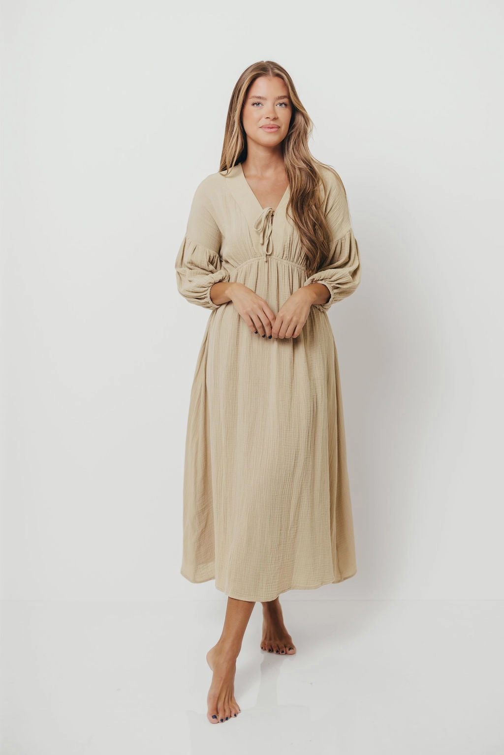 Shirred-Detail Smart and Polished Hunter 100% Cotton Gauze Midi Dress in Thyme - Bump Friendly and Inclusive Sizing *9/22 PRE-ORDER*