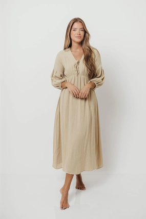 Shirred-Detail Smart and Polished Hunter 100% Cotton Gauze Midi Dress in Thyme - Bump Friendly and Inclusive Sizing *9/22 PRE-ORDER*