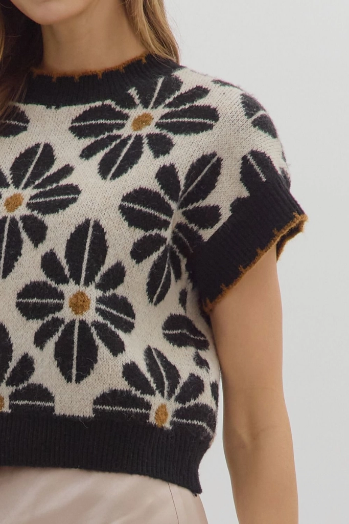 Celeste Floral Short Sleeve Sweater in Black Lightweight Knit